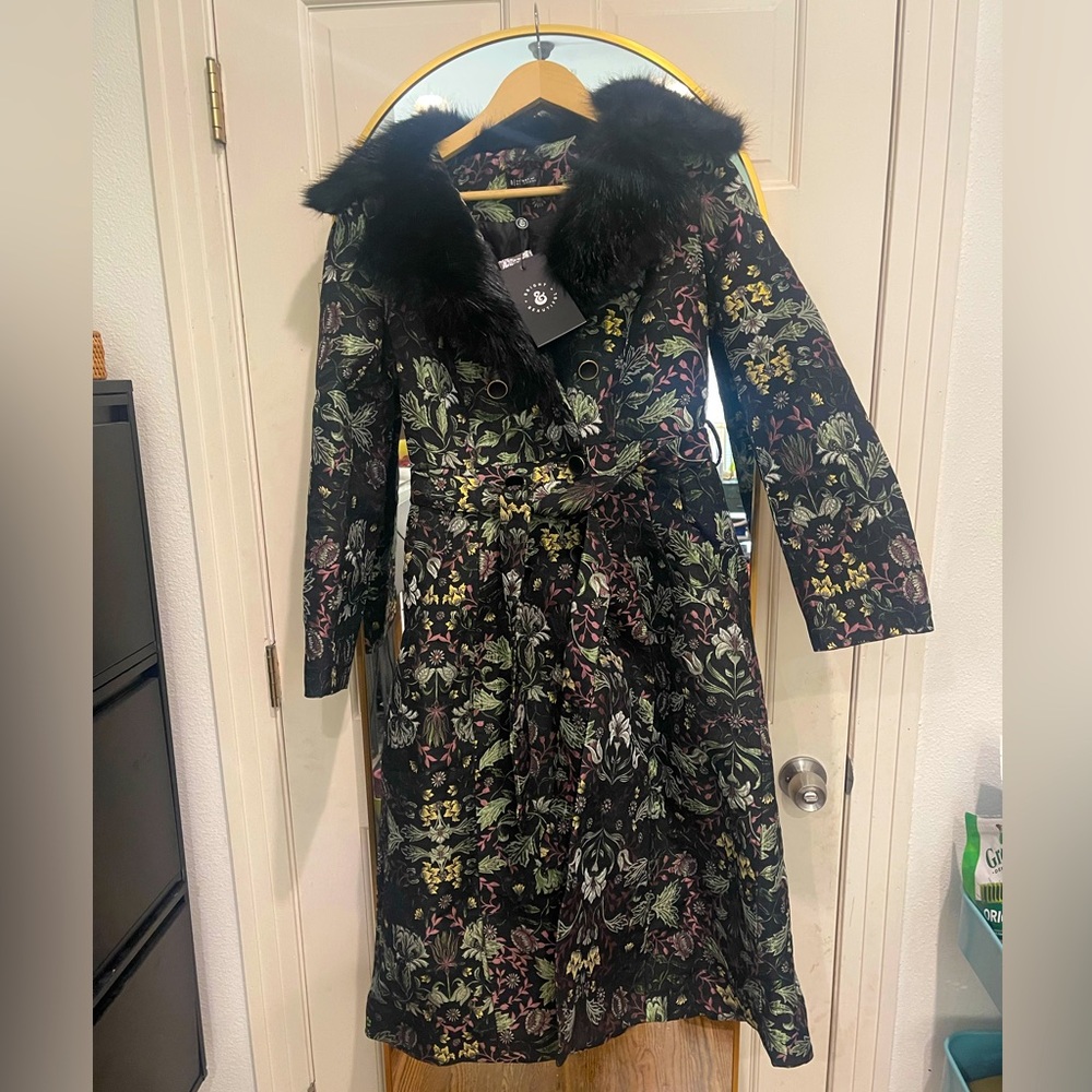 Bright and Beautiful faux fur double-breasted brocade coat. Glam-o-rama.